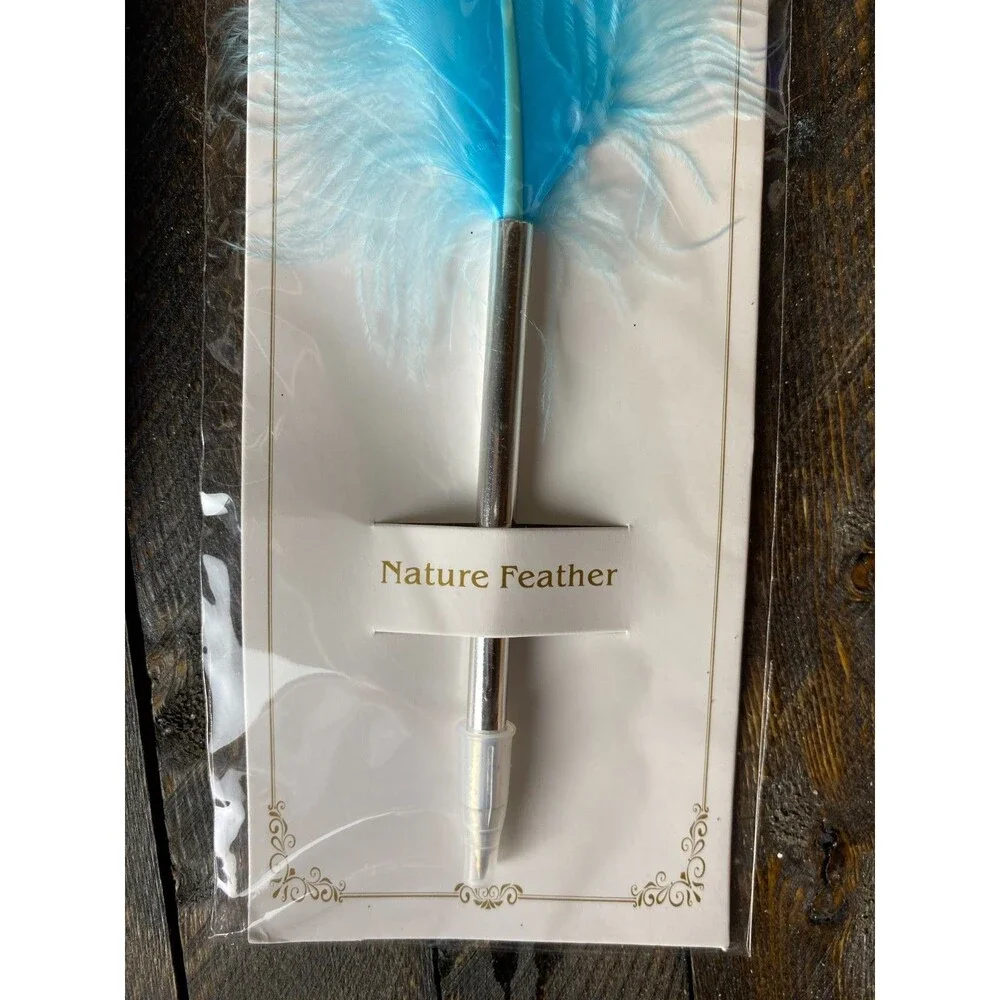 6 Pk Feather Teal & Blue Decorated Ballpoint Pens Black Ink Guest Book Wedding
